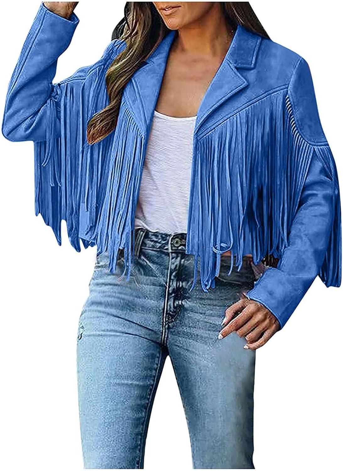 Womens Leather Jacket Faux Suede Fringe Jacket Long Sleeve Lapel Vintage Coats Open Front Tassel Cardigan