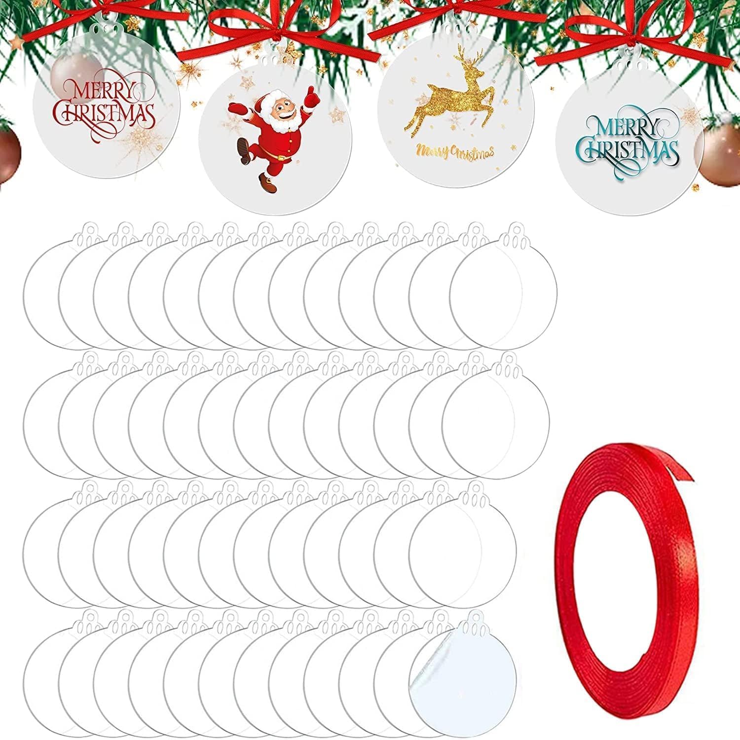 TSKDKIT 50 Pcs Christmas Bauble Clear Acrylic Disc Ornaments Round Christmas Ornaments with Ribbon, Flat Baubles for Craft, Clear Blank Acrylic Xmas Disc for Tree Party Hanging Decoration 7.6cm