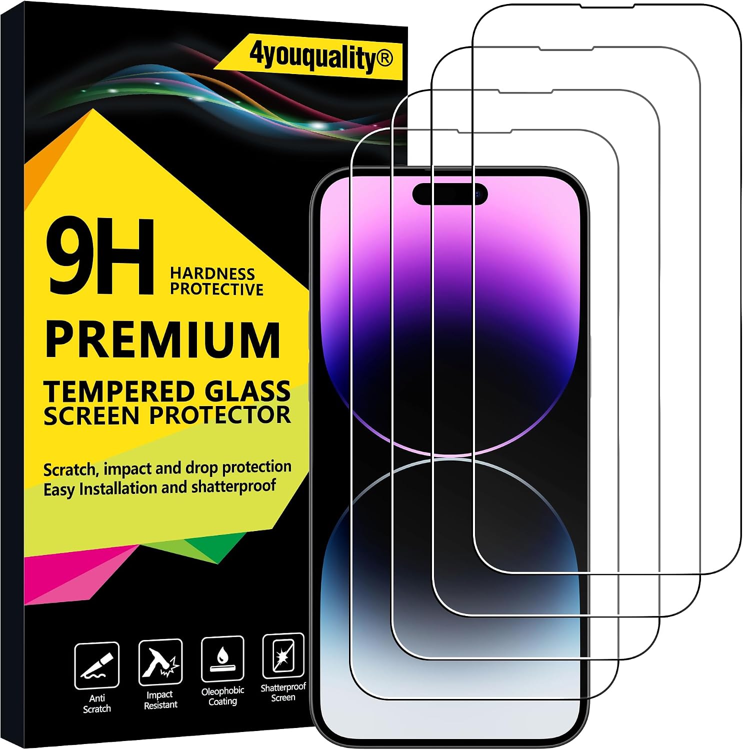 4youquality [4-Pack[Full Coverage] Screen Protector for iPhone 14 Pro Max 6.7-Inch, Tempered Glass Film, [LifetimeSupport][Impact-Protection][Anti-Shatter][Anti-Scratch]