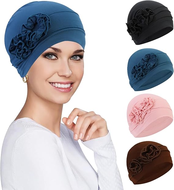 XEPST 4 Pieces Chemo Headwear for Women, Turbans Cap Beanie Hat Head Wraps Hair Coverings for Women, Women's Sleep Caps Chemo Cancer Hat with Flower Design