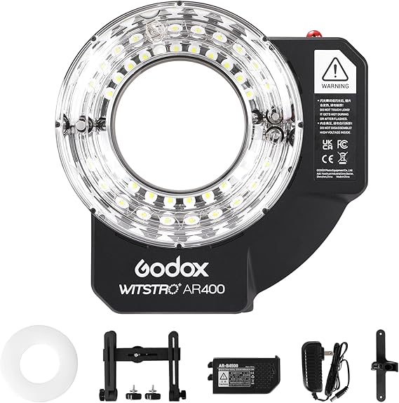 Godox AR400 Witstro 400Ws Ring Flash and LED Video Light with Diffuser | 1/8000s HSS, GN36 5600K Powerful Ringlight with 4500mAh Battery, S1/S2 Optical Slave, RPT for Portrait Macro Photography