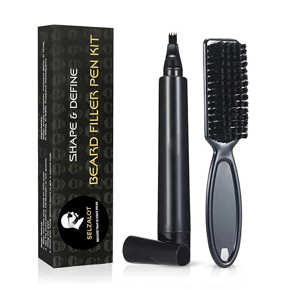 SELZALOT (Black) Beard Pen Filler for Men | 4-Tip Pencil with Brush | Waterproof and long-lasting patchy beard filling solution