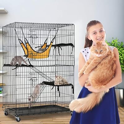 Cat Cage Cat Crate Metal 3 Tier Cat Playpen Box Enclosure Pet Kitten w2 Front Doors, Wheels & Free Hammock 48 Inches Large Cat Kennel with Ladders
