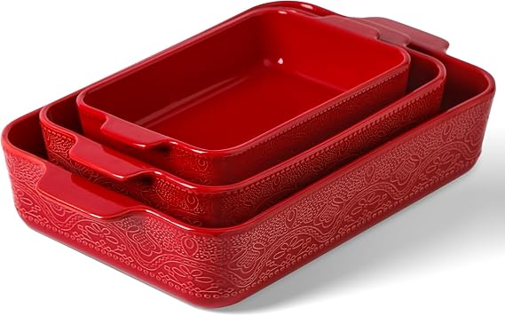 Ceramic Baking Dish Set of 3, Casserole Dishes for Oven, Ideal for Baking, Stewing, Roasting, and Holiday Feasts. The Gift for Mother's Day, Thanksgiving, Christmas, or Housewarming(Christmas Red)