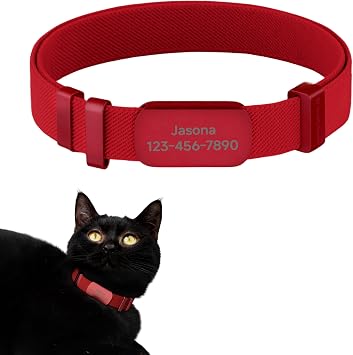 Safety Cat Collar Pro and Personalized Name Tag Set - U.S. IDA Gold Award Elastic Quick Release Cat Collar Non Breakaway Engraved Cat ID Tag for Kitten Small Large Cats Vivid Red, M