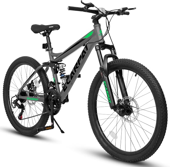 Mountain Bike 26 Inch, 21 Speed Full Suspension Off-Road Commuter Bike with Carbon Steel Frame and Disc Brakes