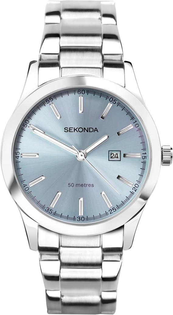 Sekonda Taylor Damen 34 mm Quarzuhr mit analoger Datumsanzeige und silbernem Edelstahlarmband blau Einheitsgröße Armband