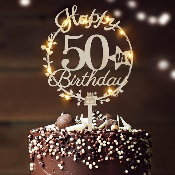 Wood Happy Birthday Cake Toppers with LED Fairy Light for 18th 21th 30th 40th 50th 60th 70th 80th Party Decorations (Happy 50th Birthday)