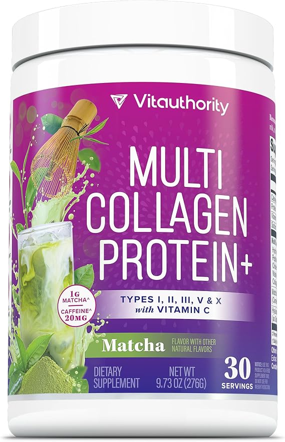Vitauthority Muti Collagen Protein Powder Multi Collagen Peptides Powder for Women -Types I II III V & X Vitamin C & Hyaluronic Acid for Hair Skin and Nails Matcha Flavored - 30 Servings