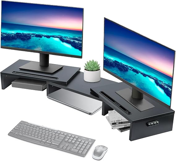 Dual Wooden Monitor Stand Adjustable Length and Angle
