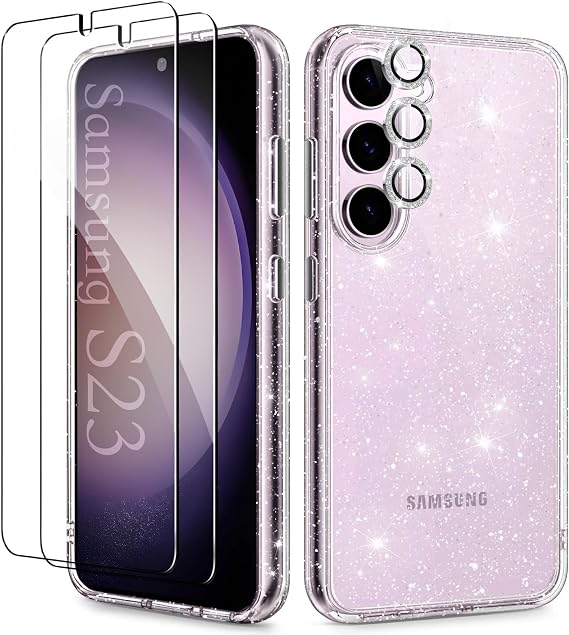 KIOMY Glitter Clear Case for Samsung Galaxy S23 5G with Diamond Sparkle Camera Lens Protector and 2 Packs Tempered Glass Screen Protector, Sparkly Shockproof Protective Girls Cover (for Samsung S23)