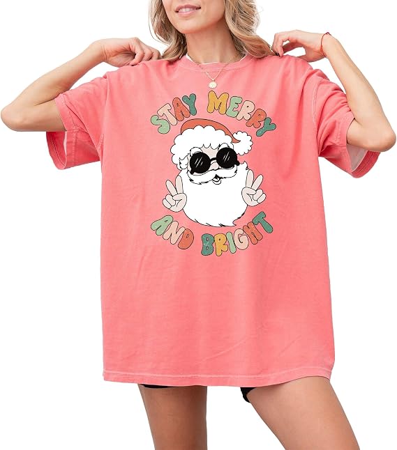 Stay Merry and Bright Christmas T-Shirt for Men, Women, Unisex - Oversized Vintage Holiday Tee, 100% Cotton, Fun Gift Idea