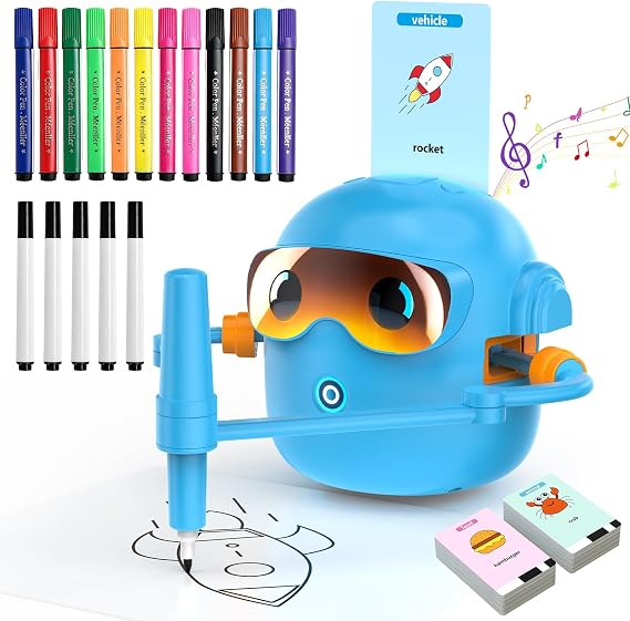 Smart Voice Interactive Drawing Robot, Educational Toy for Kids 3-8 | Educational Toy with 100 Word Cards & 17 Colored Pens to stimulate children's early learning & Music-Gift for Boys Girls