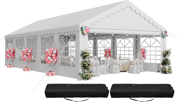 DWVO 16x32ft Party Tent Outdoor Heavy Duty Wedding Event Shelters Galvanized Canopy with Upgraded Large Roof, 2 Storage Bags, Removable PVC Sidewalls, White