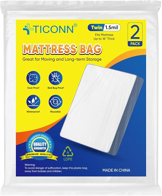 TICONN 2PK Plastic Mattress Bags for Moving, Waterproof Mattress Cover