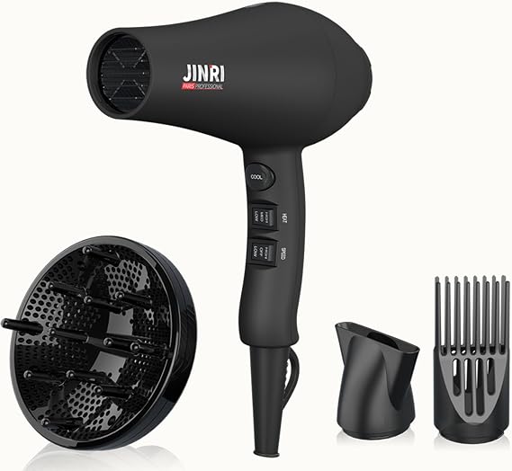 JINRI Hair Dryer, 3 Heat & 2 Speed, 1875W, with Diffuser, with Concentrator, Ionic Technology & Infrared - Black, Detachable Air Intake, Non-Foldable, Hanging Strap, 125V, JR-104