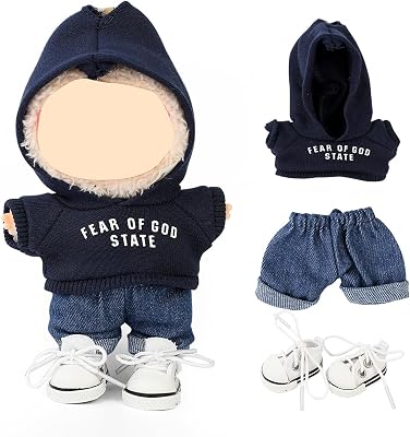 Clothes Set Compatible for Labubu Doll, Hat Suit Ornaments Accessories Set for 17cm6.7inch Doll Dark Blue HoodieJeansCanvas Shoes