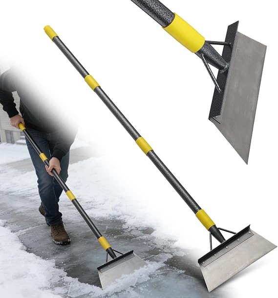 Garden Shovel: Heavy Duty Ice Scraper with Metal Flat Head, Multifunctional 60in Long Handle Floor Scraper for Breaking Removing Hard Ice on Driveway Walkway Road