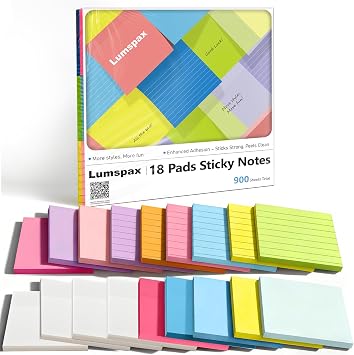 3x3 Inches Sticky Notes Variety Pack, 18 Pads Self Stick Notes, 50 Sheets/Pad, 900 Total Sheets, Included Blank, Lined and Transparent Pads, Bulk Teacher School and Office Supplies
