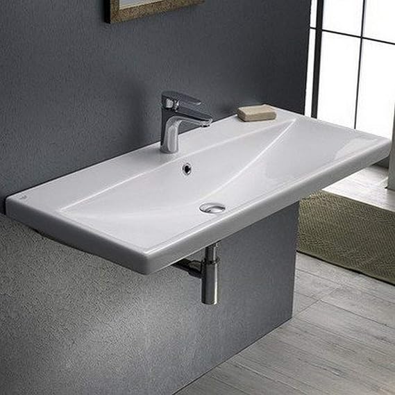 032200-U-One Hole Elite Rectangle Ceramic Wall Mounted/Self Rimming Sink, White