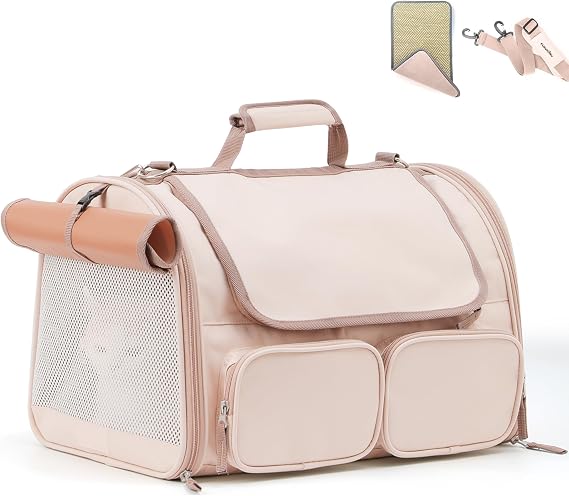 FUKUMARU Cat Carrier, 4 Mesh Windows Small Dog Carrier, 4 Storage Pockets Cat Travel Bag, Under 6.8 Kg Airline Approved Pet Carrier, Rollable Cover for Nervous Cats, Pink