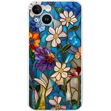 PrintiFy iPhone 14 ile Uyumlu Vitray Mavi Bahar Tasarımlı Şeffaf Silikon Kılıf