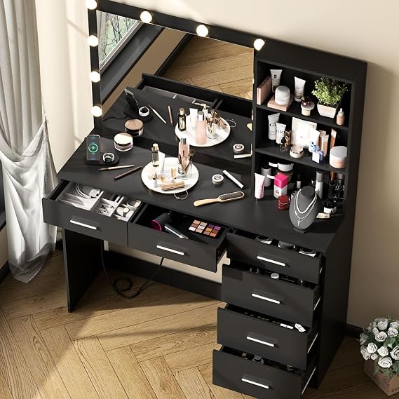 Loomie Vanity Desk with Lighted Mirror & Power Outlet, Makeup Vanity Table with 6 Drawers and 3-Tier Shelf, Dressing Table with 10 Lights in 3 Lighting Colors for Bedroom (6 Drawers-Black)