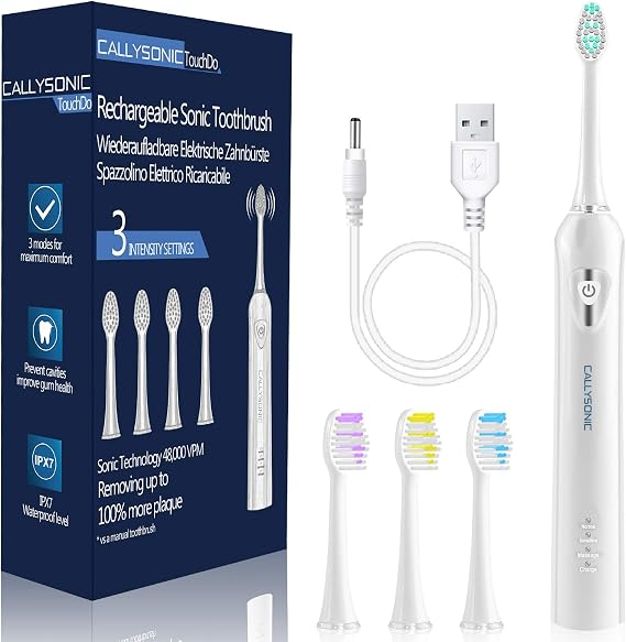 Sonic Rechargeable Electric Toothbrush for Adults Kids, 48,000VPM Rechargeable Toothbrushes with Normal, Sensitive, Massage Modes, 4 Replacement Brush Heads - White