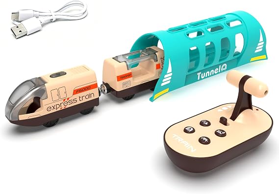 Electric Train for Wooden Track, Remote Control Train Toy, Motorized Train and Tunnel with Voice & Lights Effect, Battery Operated Locomotive Train Set Compatible with Thomas, Brio, Chuggington