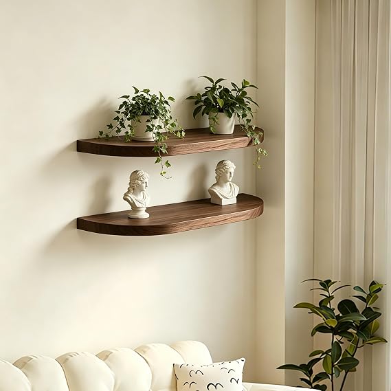 Floating Shelves Wall Mounted, 2-Pack Half Oval Wooden Shelves with Metal Bracket Support, 2512.51.5cm Paulownia Wood Waterproof, Heavy Duty Floating Shelves for Bedroom Bathroom Dark Brown Color