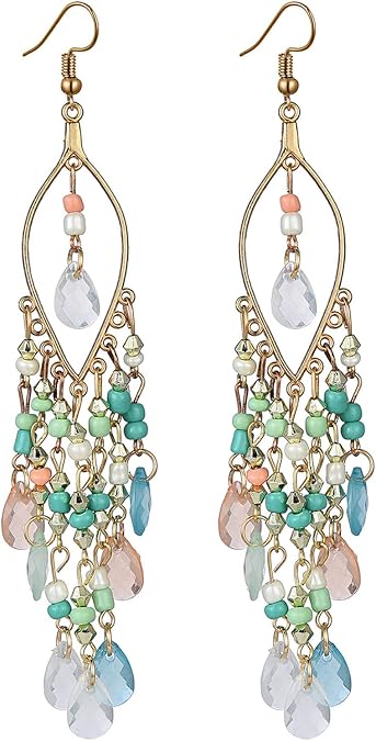 Long Beaded Tassel Earrings Bohemia Native Tassel Drop Earrings Handmade Seed Bead Tribal Dangle Earrings Boho Multicolor Crystal Beaded Tassel Earrings for Women