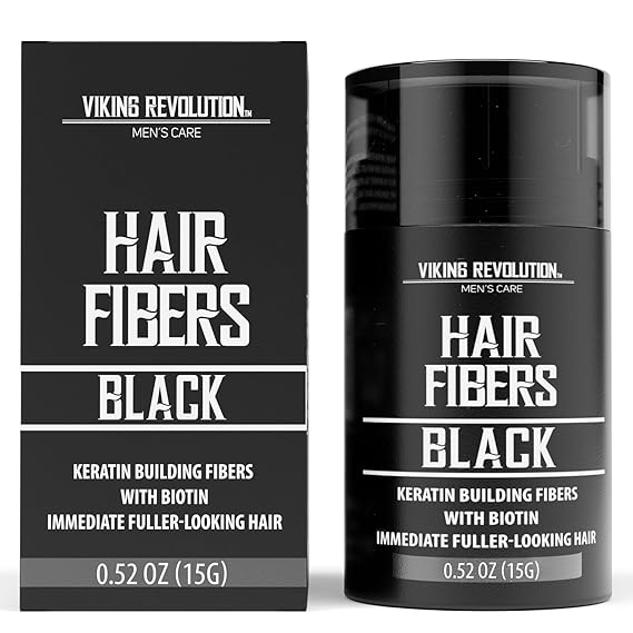 Viking Revolution Hair Fibers with Keratin and Biotin - Black - 0.52 oz | Thickens Hair & Covers Bald Spots - Formulated with Keratin & Biotin - Instantly Fuller Look - For Thinning Hair