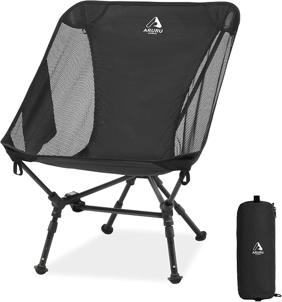 Ultralight Camping Chair, Low Back Black | Portable Folding, Backpacking Chair, 3-Level Adjustable Height Legs