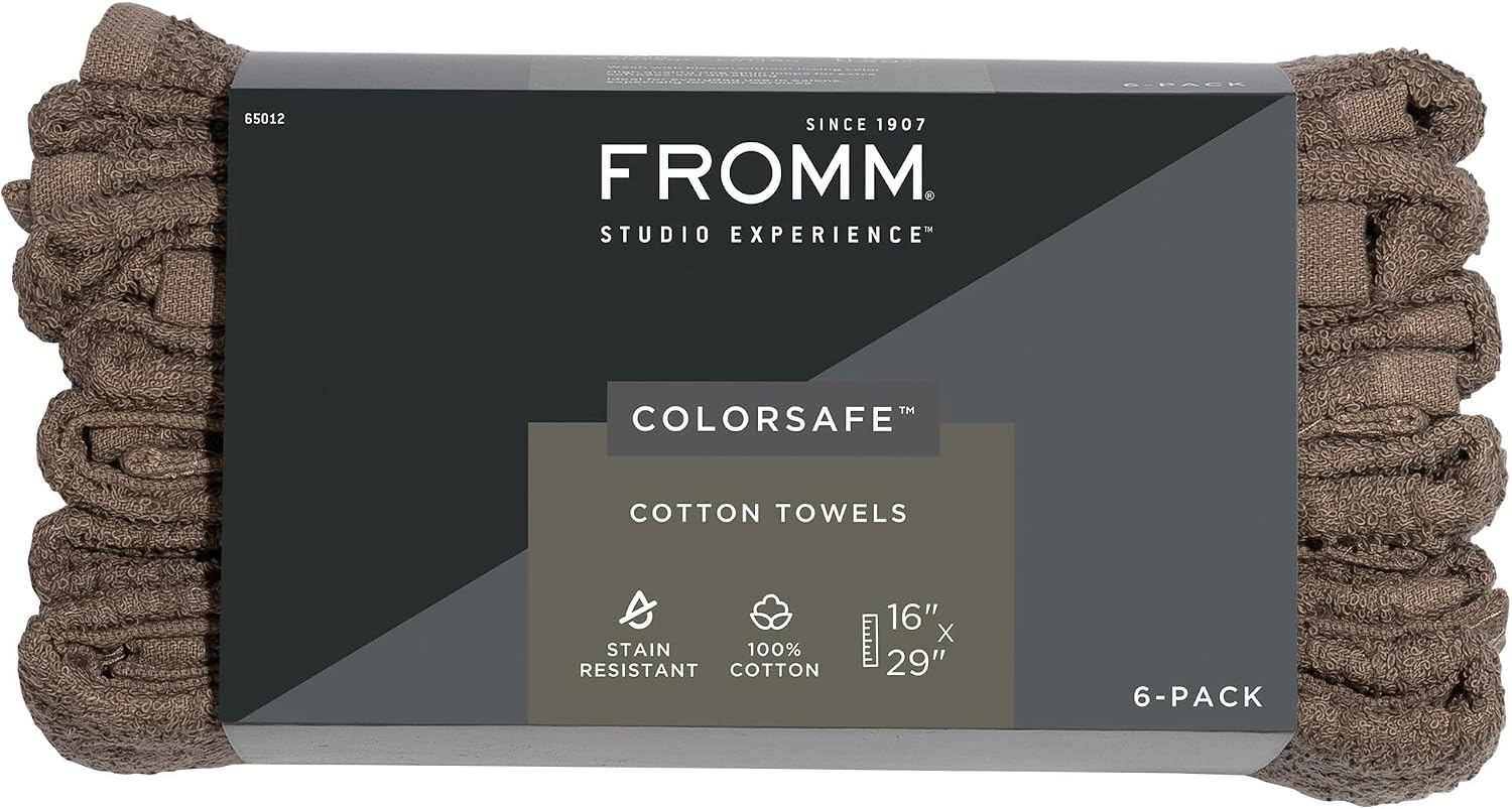Fromm ColorSafe 100% Cotton Bleach Proof Salon Hair Towels for Hairstylists, Barbers, Spa, Gym in Brown, 16 by 29, 6 count Absorbent Stain Resistant Towels for Drying Curly, Long, Wavy Hair