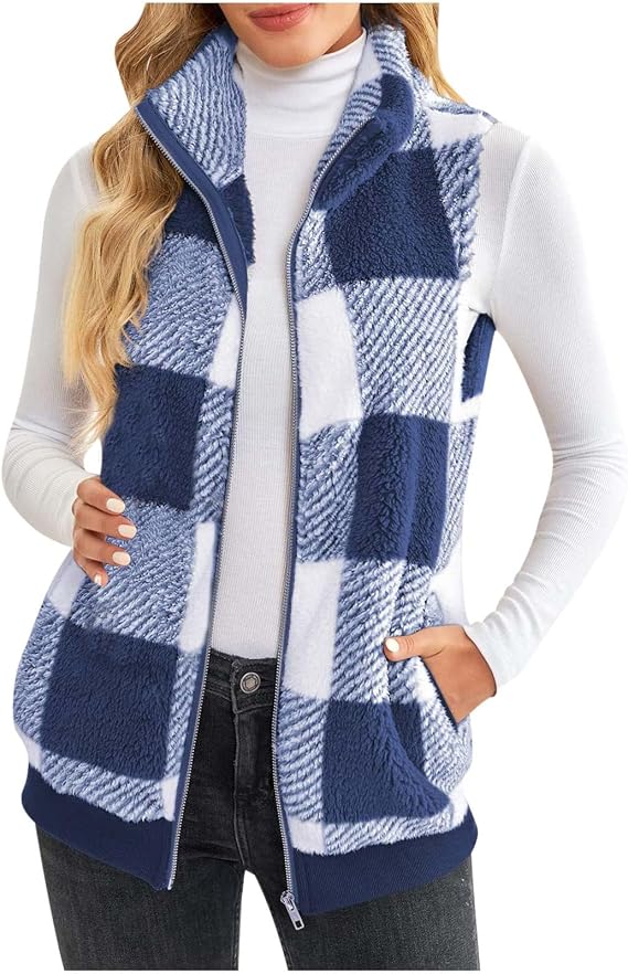 Womens Plaid FLeece Vest Sherpa Fuzzy Zip Up Sleeveless Vests Winter Fall Warm Cozy Lapel Collar Checkered Outerwear