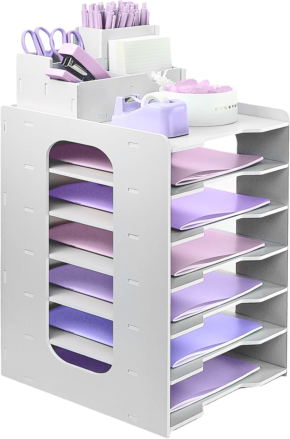 Letter Tray Organiser, A4 Paper Filing Trays, 7-Tier Office File Tray, Desk File Tidy Organizer with Stackable Filing Tray, Desk Paper Organizer with Pen Holder White