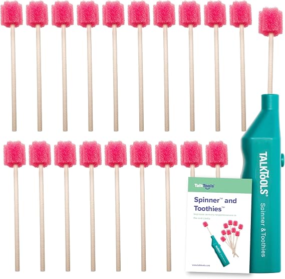 TalkTools Spinner and Toothies Tool | Multi Purpose Oral Sensory Diagnostic and Therapy Kit | Improve Hypersensitivity and Oral Motor Skills | Safe and Effective - 20 Toothies - Instruction Booklet