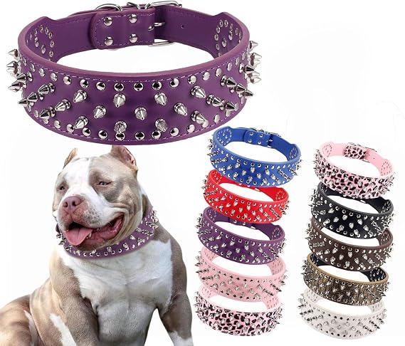 Hoot PU Leather Adjustable Spiked Studded Dog Collar 2" Wide 43 Spikes (L(Neck 21"-24"), Purple)