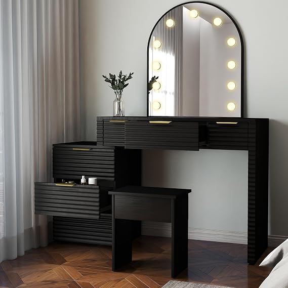 Vanity Table with LED Mirror, 47 Inch Makeup Desk with 125V Outlet & 7 Drawers, Modern Glass Top Vanity with Stool for Bedroom, Black