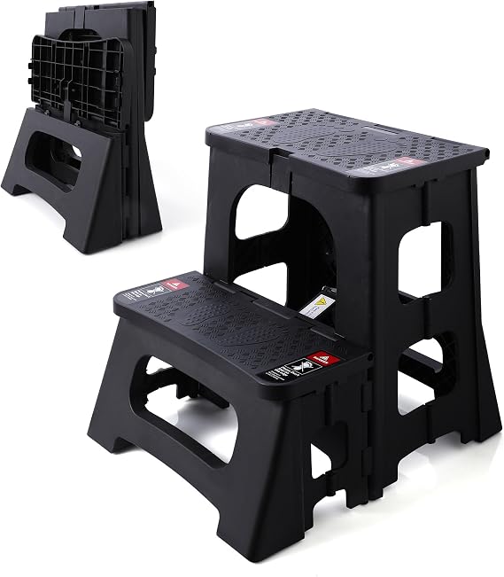 Folding Step Stool, 2-Step 8" 17", Non-Slip, 300lb Capacity