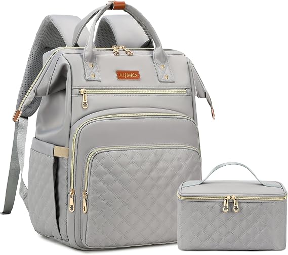 AIJIEKE Lunch Backpack for Women, 15.6 Laptop Backpack, Lunch Box, Gray | Water resistant computer bag with insulated leakproof cooler. Travel meal prep backpack for nurse, teacher, college commute