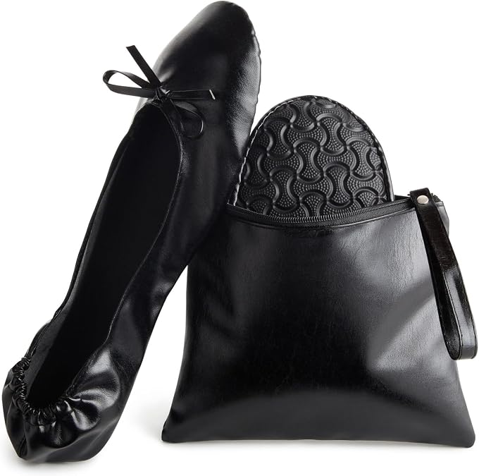 Foldable Ballet Flats - Women's Portable Ballerina Roll up Shoes with Pouch, Black