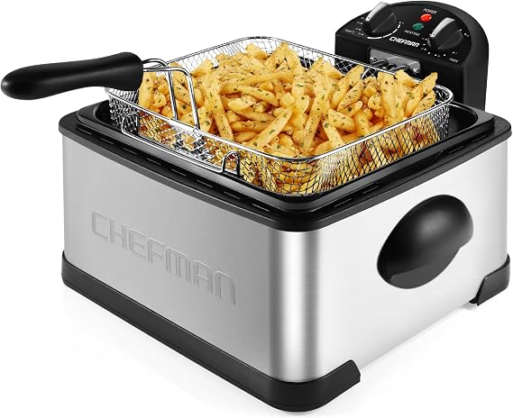Chefman 4.3 Litre Deep Fryer with Strainer XL Jumbo Size Adjustable Temperature & Timer Perfect for Fried Chicken Shrimp Chips & More Removable Oil Container Stainless Steel
