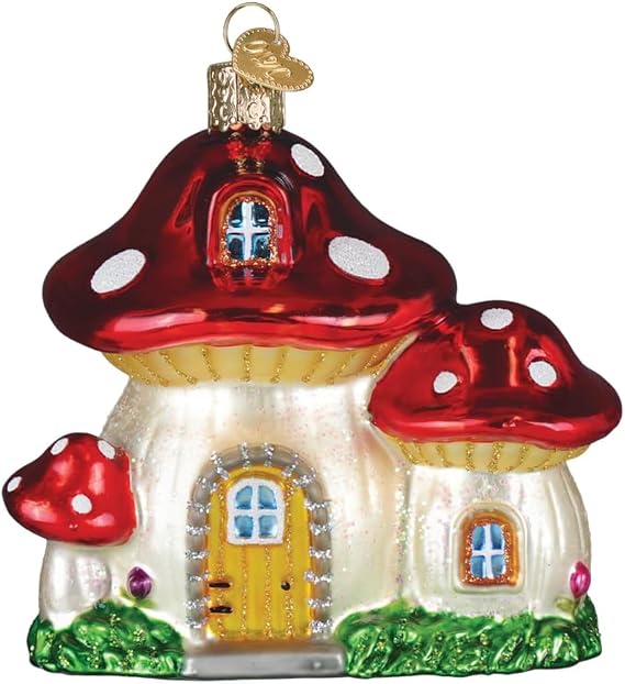 Old World Christmas Mushroom House Glass Blown Ornament for Christmas Tree, Handcrafted Holiday Decoration, Cottage Collection
