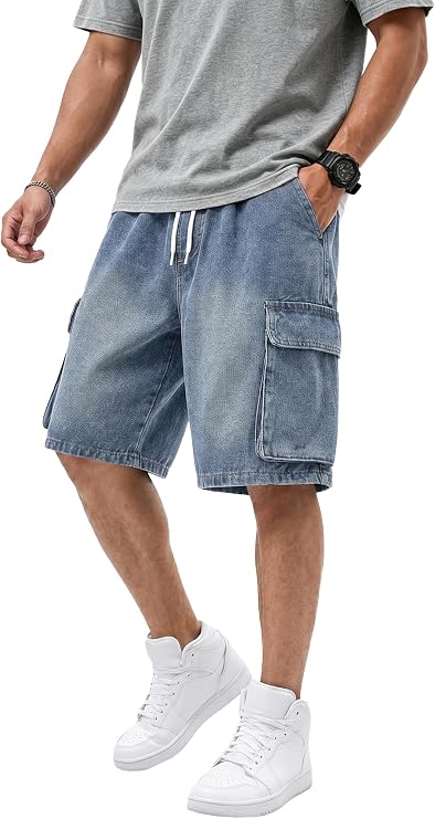 EMMIOL Baggy Jean Shorts Men, Y2K Jorts Cargo Ripped Elastic Waist Shorts
