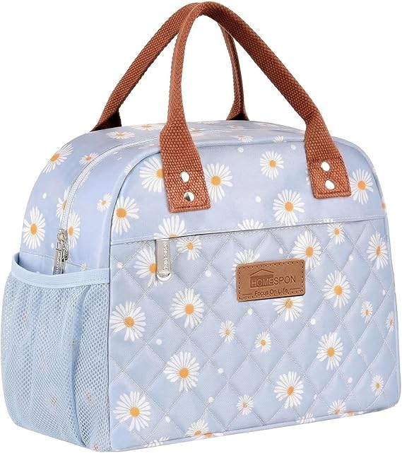 HOMESPON Insulated Lunch Bag for Women Men, Cooler Tote Box, Blue Daisy | Front Pocket, Side Mesh Pockets, Reusable, for Work, Picnic, Food Container