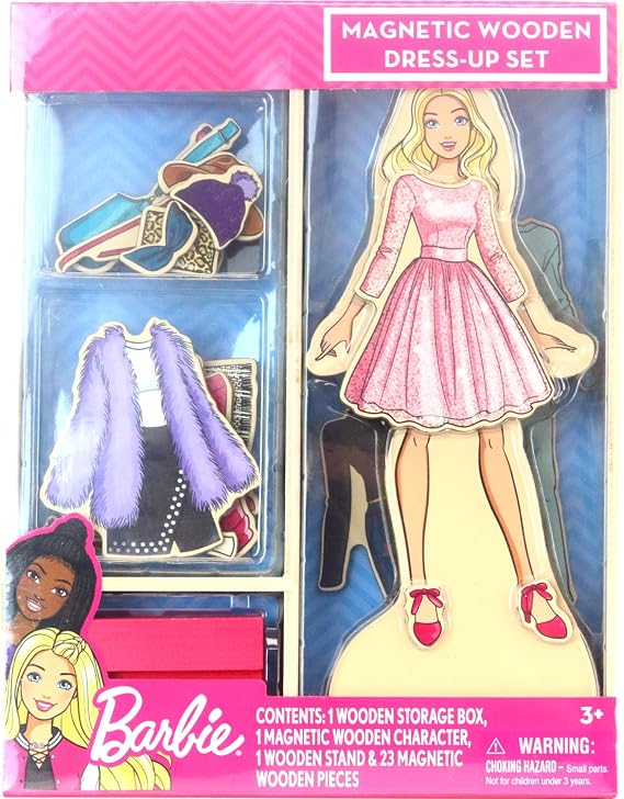Barbie Magnetic Wooden Dress Up Toy Pretend Play Set with Wooden Barbie Doll, Mix & Match Outfits & Storage Box Educational Magnetic Toy for Girls Ages 3+