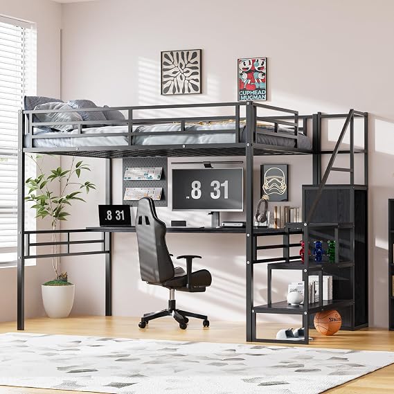 PVWIIK Full Size Loft Bed with Desk and Wardrobe for Dorm,Bedroom,Guest Room,Heavy-Duty Metal High Loft Bed w/Ladder & Guardrails for Kids,Teen,Adults,No Box Spring Needed,Black