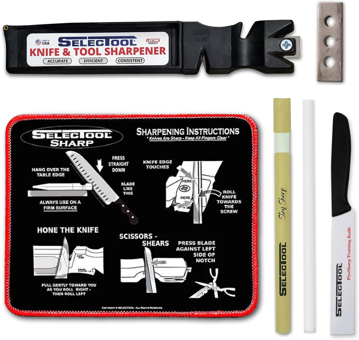 Selectool 5-Piece Sharpening Multi Tool Kit – The Complete Set to Keep Your Blades Sharp with Honing Rod, Instructional Mat and Extra Blade–Ideal for Kitchen & Pocket Knives– Black,Made in USA