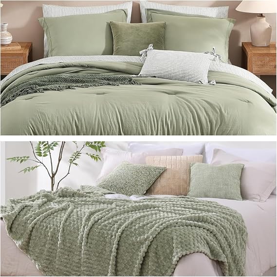 Monbix 7 Piece Prewashed Comforter Sets and Fleece Throw Blanket Bundle